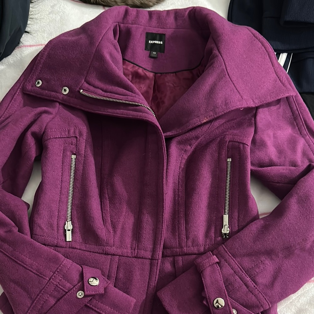 Express Purple Utility Jacket with High Collar and Belted Waist